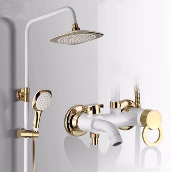 Set di doccia per bagno con rubinetto a mano in alluminio bianco dorato con fissaggio alla parete e scarico per doccia con uscita per acqua calda e fredda