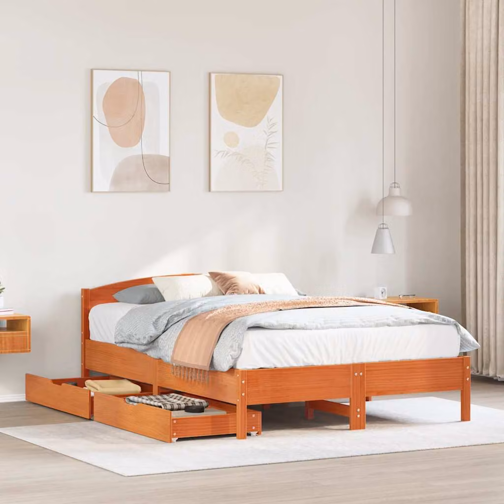 vidaXL Giroletto in Legno di Pino Massello Marrone Cera con Doghe Fisse L/P/H: 200 x 140 x 74,5 cm – 1