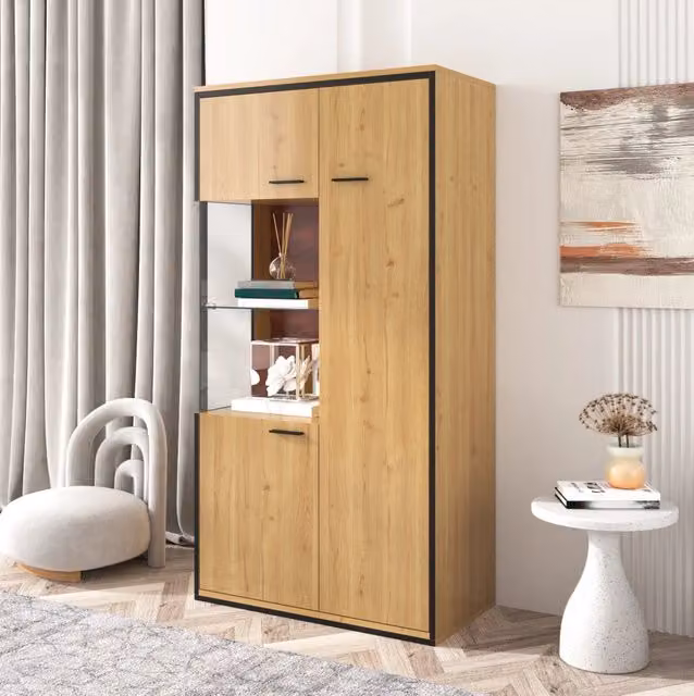 Vetrina 77.5x40x150 cm con illuminazione LED e ripiani regolabili in MDF naturale