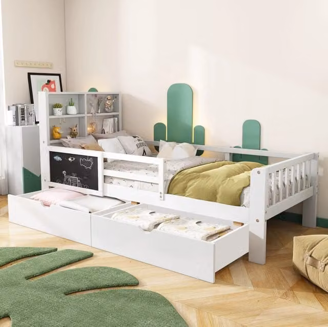 Letto per bambini multifunzione in legno massiccio di pino bianco 90x200 cm senza materasso con cassettoni e lavagnetta