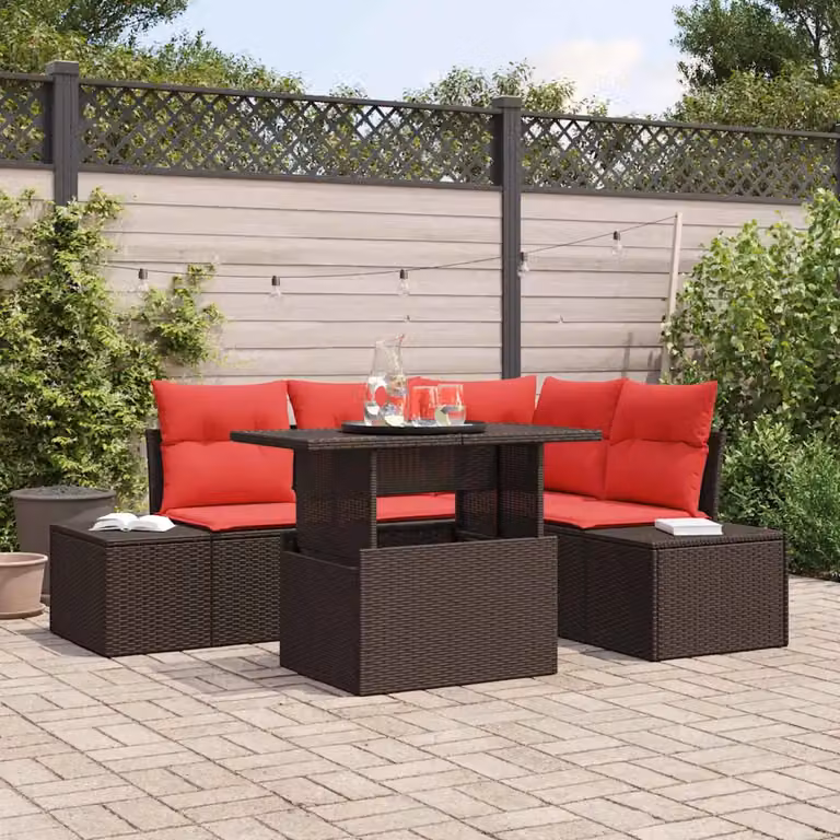 Set Divano da Giardino vidaXL 5 Pezzi a Forma di U Marrone con Tavolino e Cuscini in Polyrattan e Struttura in Acciaio Verniciato a Polvere
