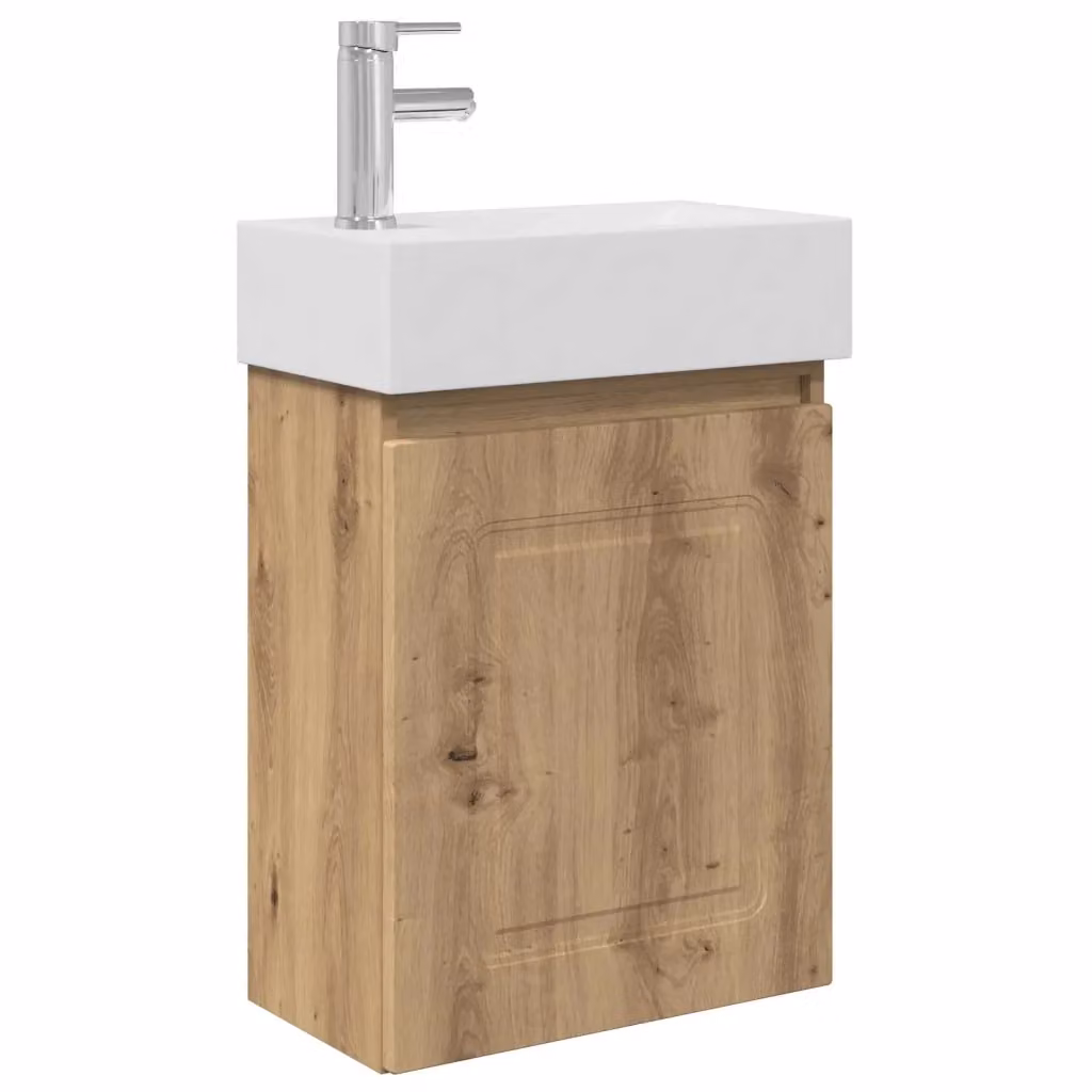 Mobile bagno moderno vidaXL in legno e MDF con lavabo in ceramica, colore rovere e bianco, sospeso – 2