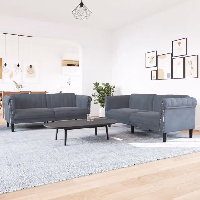 Set di 2 divani moderni vidaXL in velluto grigio con struttura in legno massiccio e cuscini inclusi