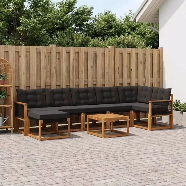 Set di divani da esterno a forma di U vidaXL composto da 8 pezzi in legno di acacia con cuscini inclusi, colore marrone e nero