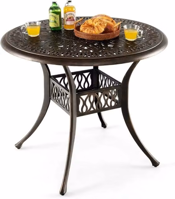 Tavolo da Pranzo Rotondo da 90 cm, Tavolo da Esterno in Alluminio con Foro per Ombrellone da 5 cm Struttura Resistente Piedini Regolabili, Tavolo Rotondo da Giardino Esterno, 90 x 74 cm