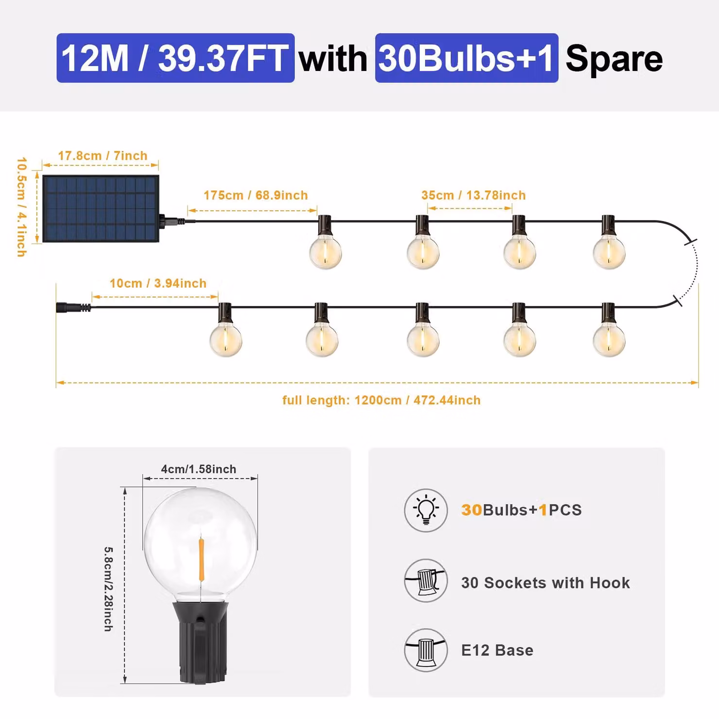 Catena luminosa solare per esterni, con lampadine G40, lunghezza 12 metri, 31 luci, telecomando, dimmerabile, grado di protezione IP65 (resistente all'acqua), 8 modalità di illuminazione