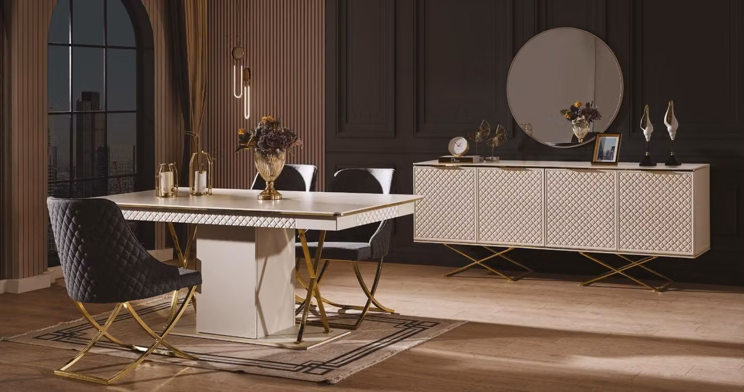 Luxus Esszimmer Set Esstisch 4x Stöhle und Sideboard Spiegel 7tlg Möbel