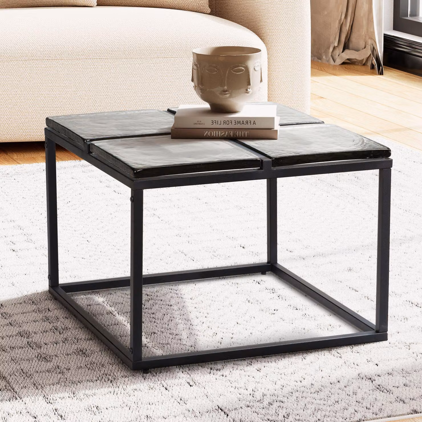 FineBuy Tavolino da caffè in vetro metallo 58x58x43,5 cm Tavolino da divano nero Tavolino da soggiorno quadrato Tavolino da caffè moderno Tavolino da salotto