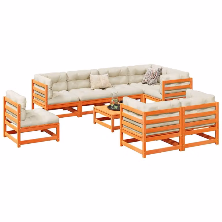 Set di divani da giardino vidaXL in legno massello di pino marrone con cuscini beige, composizione a L con 9 pezzi per esterno