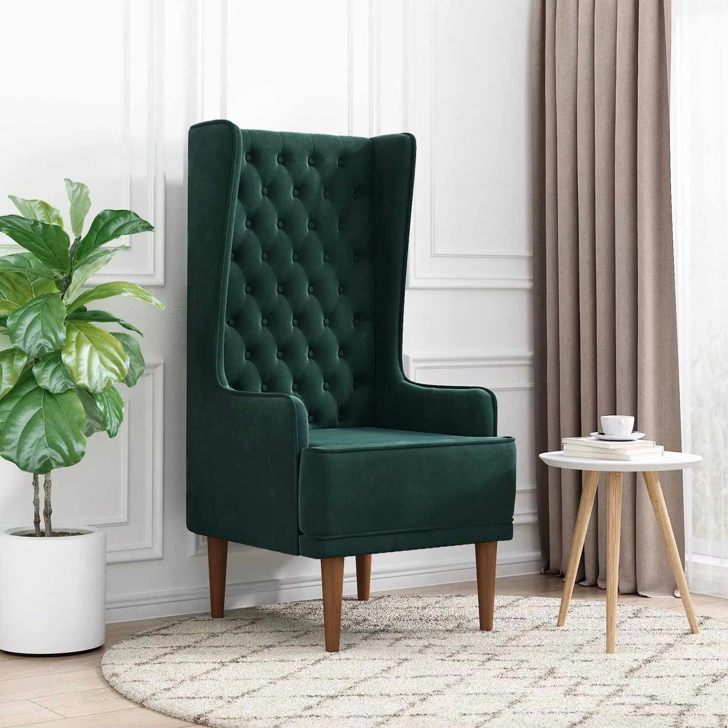 Sedia a schienale alto stile Chesterfield vidaXL in velluto verde scuro con seduta trapuntata a bottoni e struttura in legno