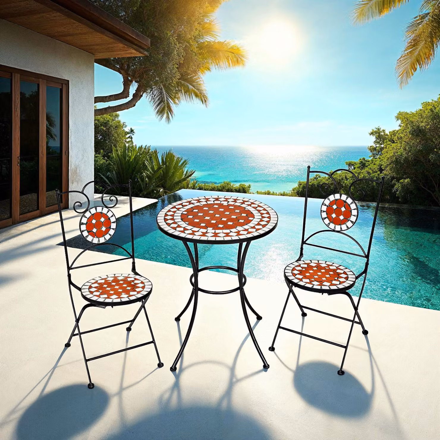 Set di tavolo e 2 sedie TecTake con piano in mosaico ceramico e struttura in acciaio marrone, Tavolo Ø 60 cm – 2