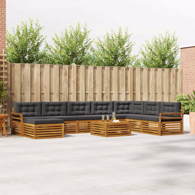 vidaXL Set di divani da esterno a forma di U composto da 9 pezzi in legno di acacia oliato, colore marrone e antracite, con cuscini inclusi e tavolino da caffè