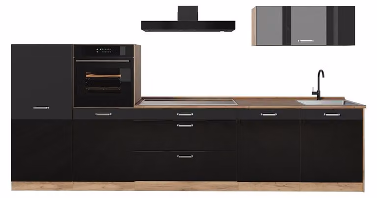 Cucina componibile Vicco R-Line Nero lucido/Rovere dorato 340 cm piano di lavoro Rovere dorato, Model 66534