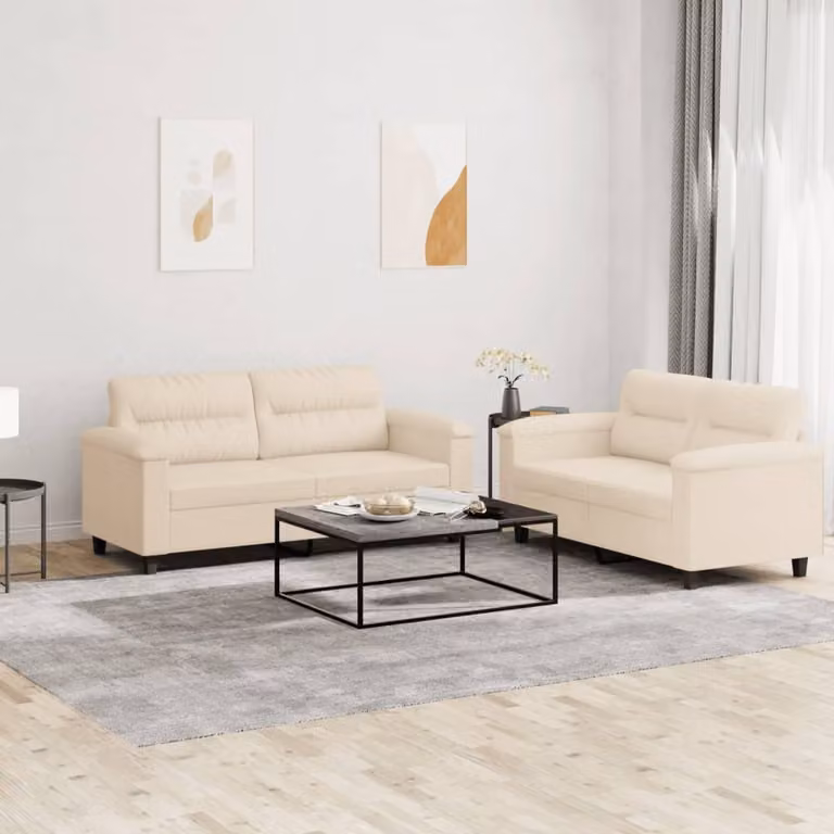 Set di 2 Divani vidaXL in Microfibra Beige con Cuscini e Struttura in Metallo e MDF
