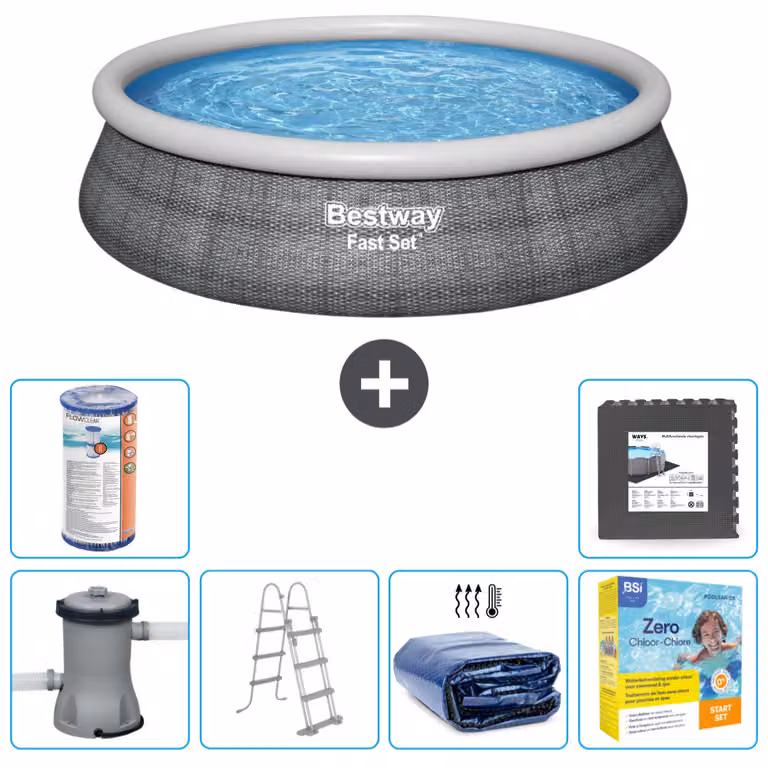 Piscina gonfiabile rotonda Bestway ad ambientazione rapida - stampa rattan - 457 x 107 cm - inclusa pompa - scaletta vela solare - pacchetto manutenzione - filtro - pavimento in piastrelle