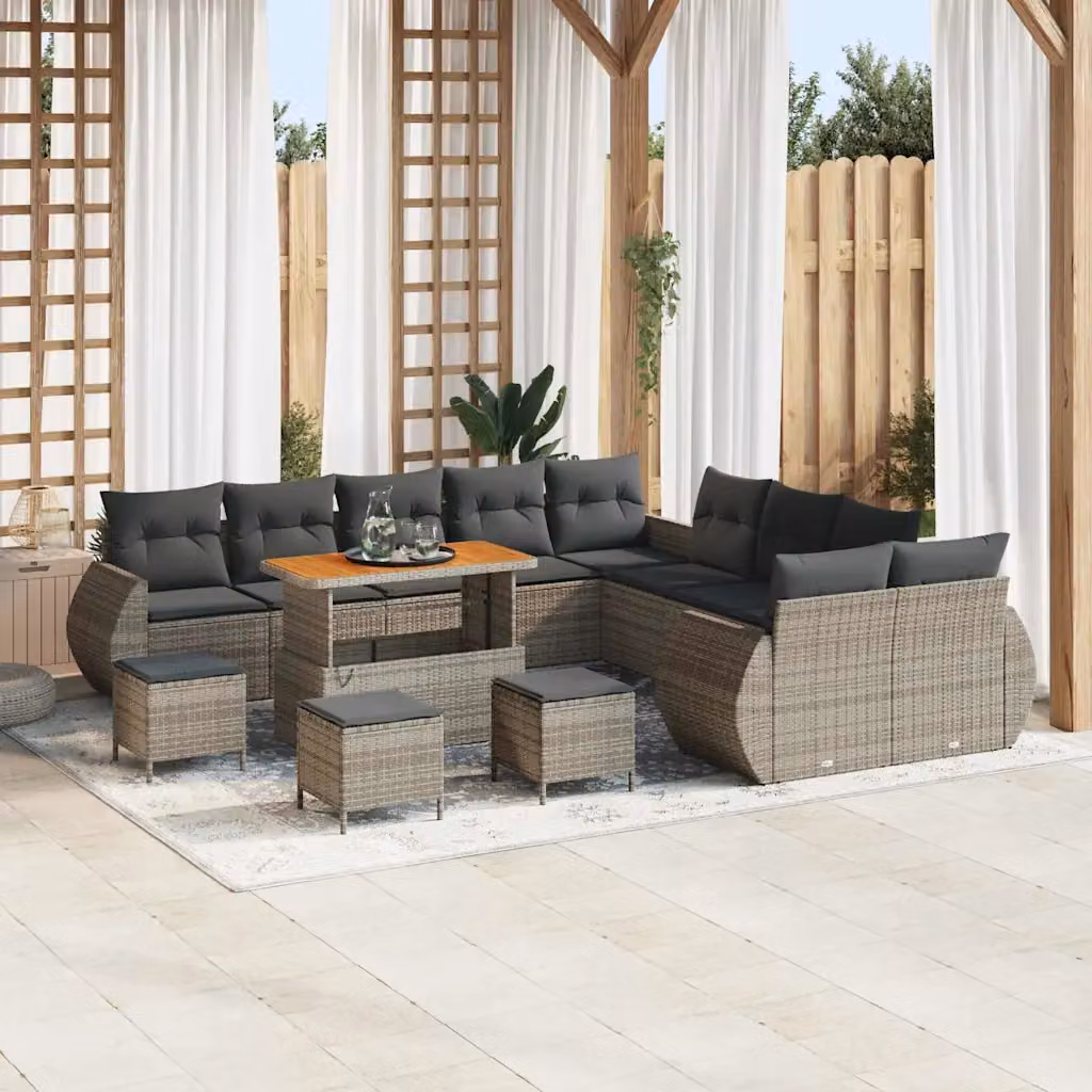 Set Divano da Giardino vidaXL 14 Pezzi a Forma di U Grigio con Cuscini e Tavolino da Esterno in Polyrattan e Acciaio – 1