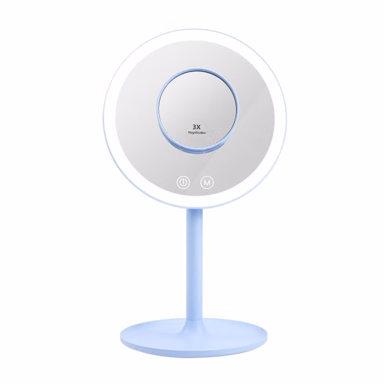 Specchio cosmetico EMKE LED con 3 colori di luce, ingrandimento 1/3x, interruttore a sfioramento e funzione di memoria, lente d'ingrandimento per specchio da bagno (azzurro)