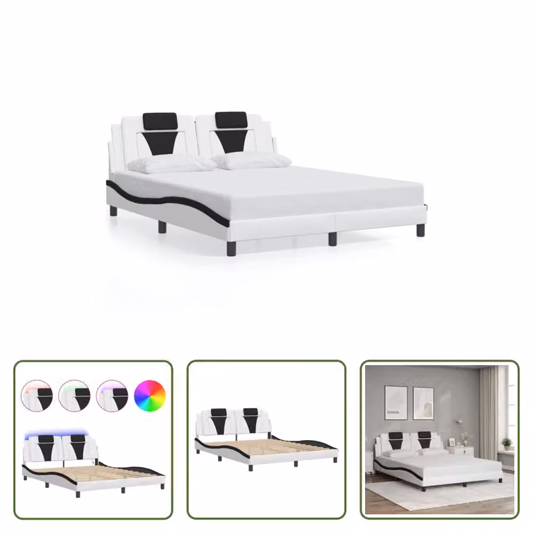 The Living Store Struttura letto con LED bianco e nero 160x200 cm in ecopelle