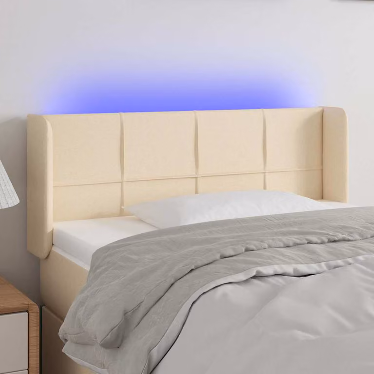 Testiera per letto vidaXL in tessuto beige con illuminazione LED integrata e porta USB, L: 93 cm, P: 16 cm, H: 78-88 cm