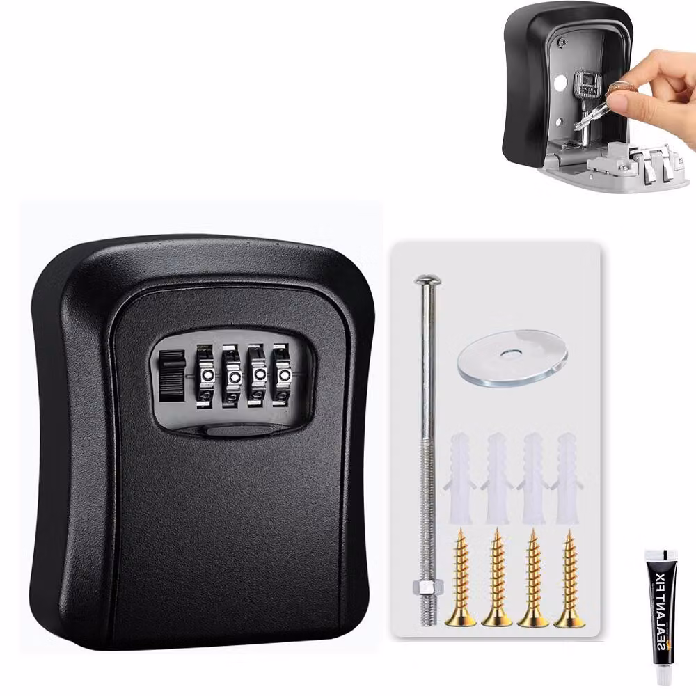 Cassaforte per chiavi con serratura a combinazione – Codice a 4 cifre – Scatola portachiavi per esterni – Resistente alle intemperie – Completa di viti e adesivo – 11,7x9,7x4 cm – Colore nero