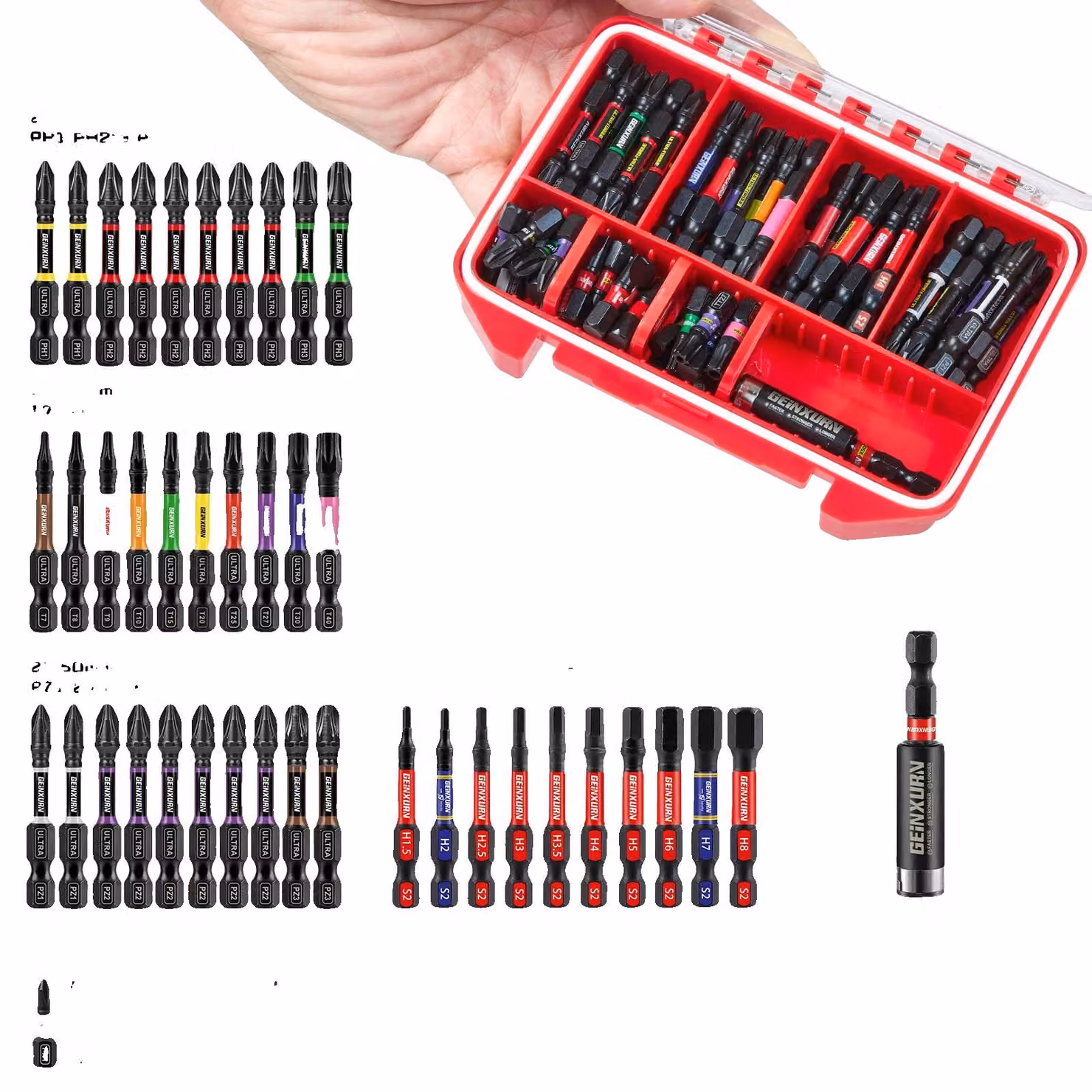 Set di punte per cacciavite, acciaio S2, portapunte magnetico, 71 pezzi