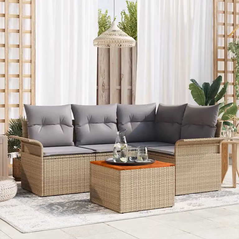 Set Divano da Giardino vidaXL 5 Pezzi a Forma di L in Polyrattan Beige con Cuscini e Tavolino da Caffè