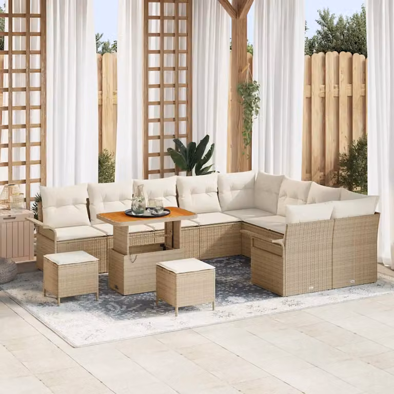 Set Divano da Giardino vidaXL 12 Pezzi a Forma di L in Polyrattan Beige con Cuscini e Tavolino