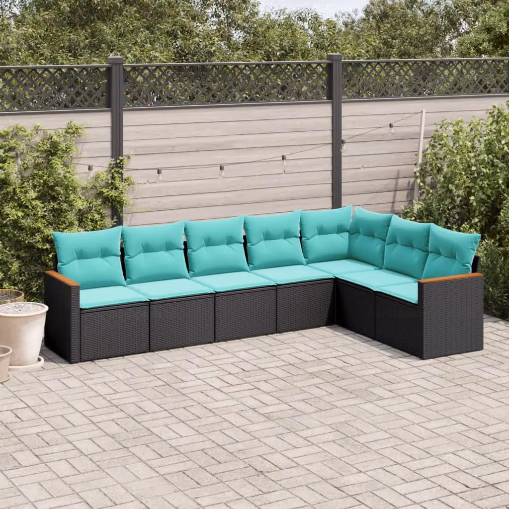 Set di divani da giardino vidaXL in polyrattan nero con cuscini imbottiti e struttura in acciaio, composizione a L con elementi angolari e divani a 2 posti per esterno