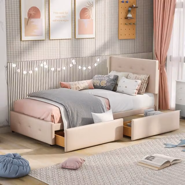 Letto singolo con cassetto 90×200 cm con rete e testiera imbottita, senza materasso, in velluto beige