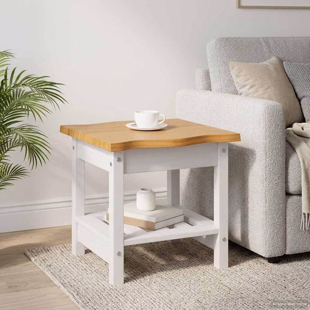 vidaXL Tavolo laterale EKAI con scaffale in legno di pino bianco L/P/H: 50 x 50 x 45,5 cm