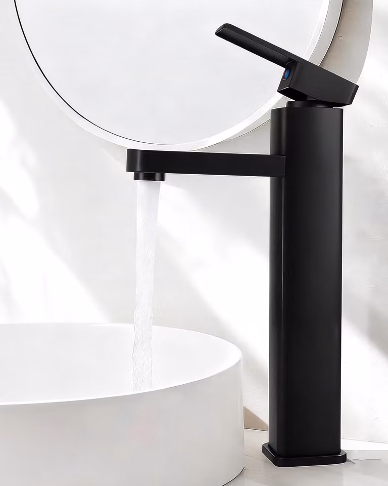 Miscelatore monocomando per lavabo, 200 mm, in acciaio inossidabile, colore nero, per lavabi da appoggio, ideale per il bagno