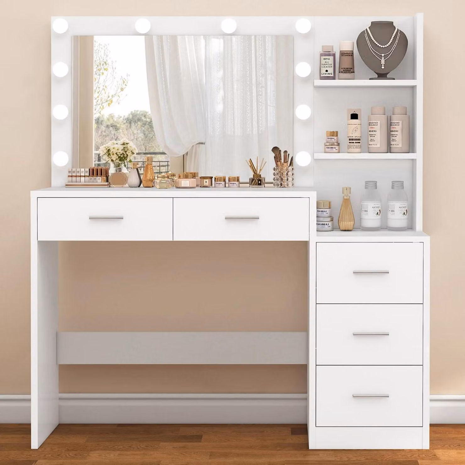 Comò da trucco con illuminazione a LED, 110 cm, bianco, 5 cassetti, 2 ripiani aperti