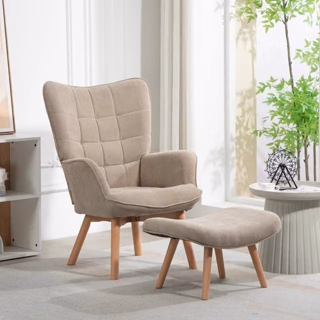 Poltrona Relax con Pouf REDOM in tessuto beige e marrone con struttura in legno di faggio, L 72 cm x P 80 cm x H 101 cm
