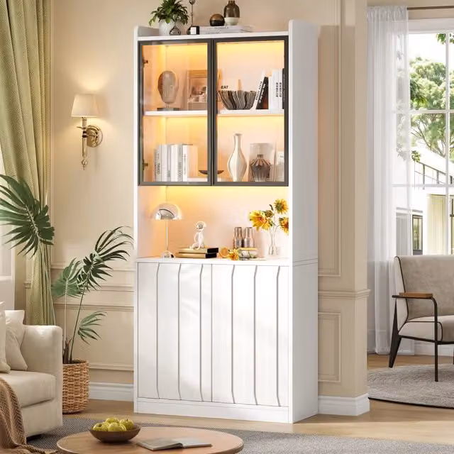 Vetrina Mivray con illuminazione LED integrata e Bluetooth, 4 ante in vetro e ripiani regolabili, bianca, L: 80 cm, P: 35 cm, H: 200 cm