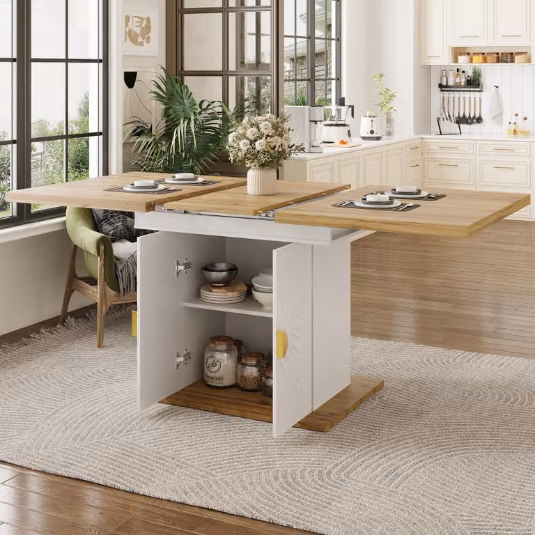 Tavolo allungabile Flieks con motivo solare e ampio spazio di stoccaggio, tavolo da pranzo per cucina, soggiorno, dimensioni 110-140x70x76 cm, bianco