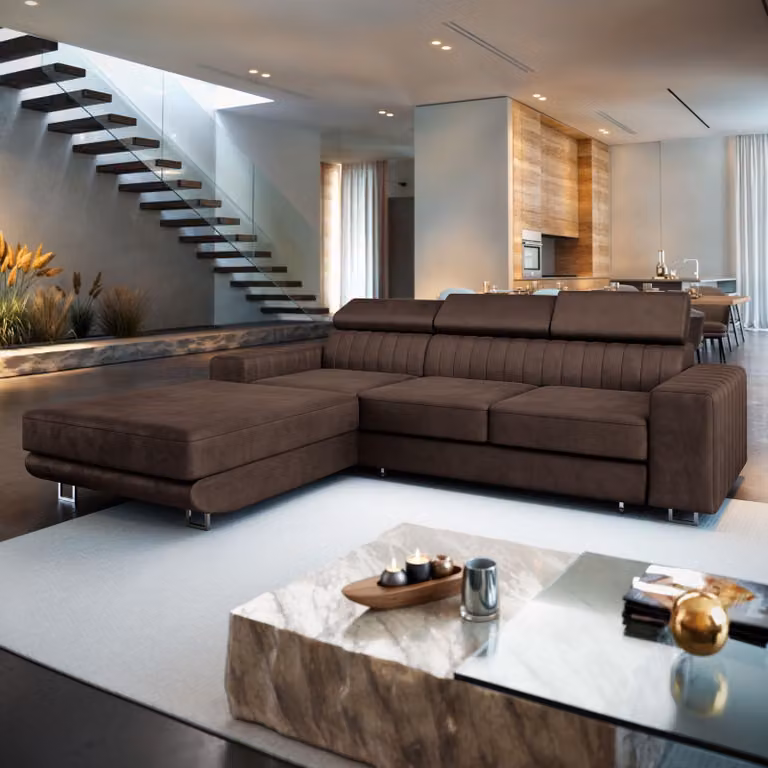 Divano angolare Masseno NOTO L-S con funzione letto a L, divano con box letto, divano da soggiorno, divano, divano letto, set di divani - marrone, MONOLITH 29
