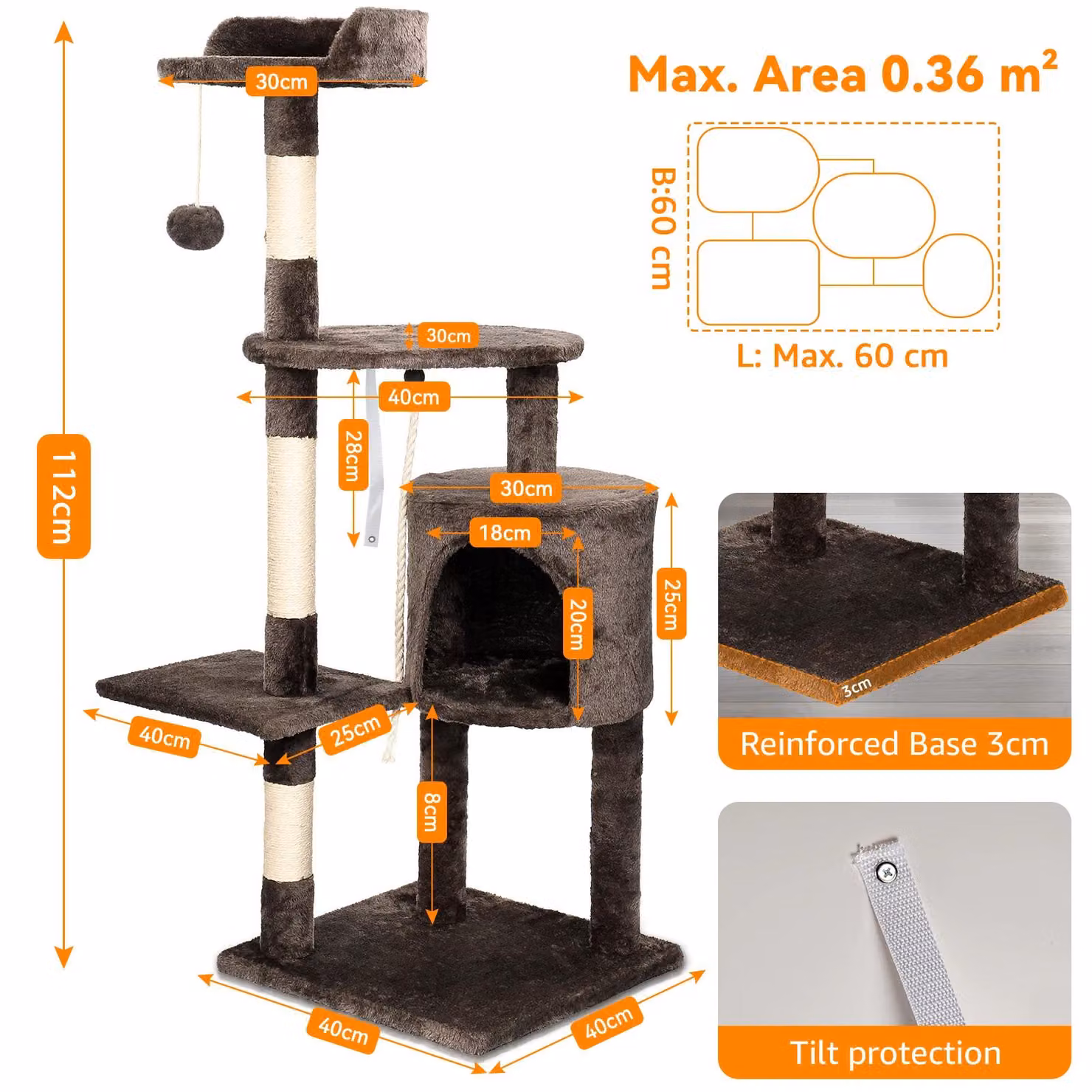 Katzenbaum PE00113002 - Albero per gatti da interno - Multilivello, con 5 o più piani - Realizzato in legno - Include pali per graffiare e giocattoli - Dispone di una casetta e aree di riposo imbottite