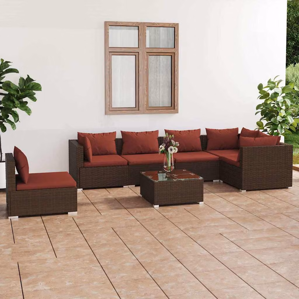 Set di divani da giardino vidaXL 7 pezzi in rattan marrone con cuscini e tavolino da esterno a forma di L
