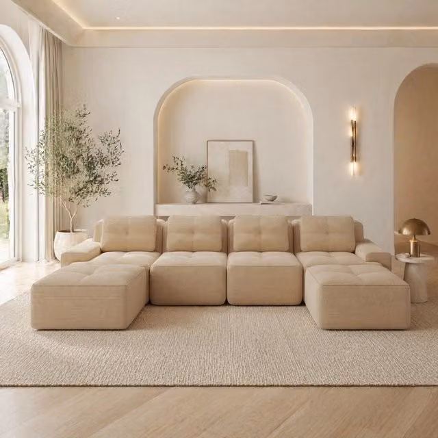 Divano modulare a L MIVRAY in velluto beige con seduta imbottita in schiuma per soggiorno moderno
