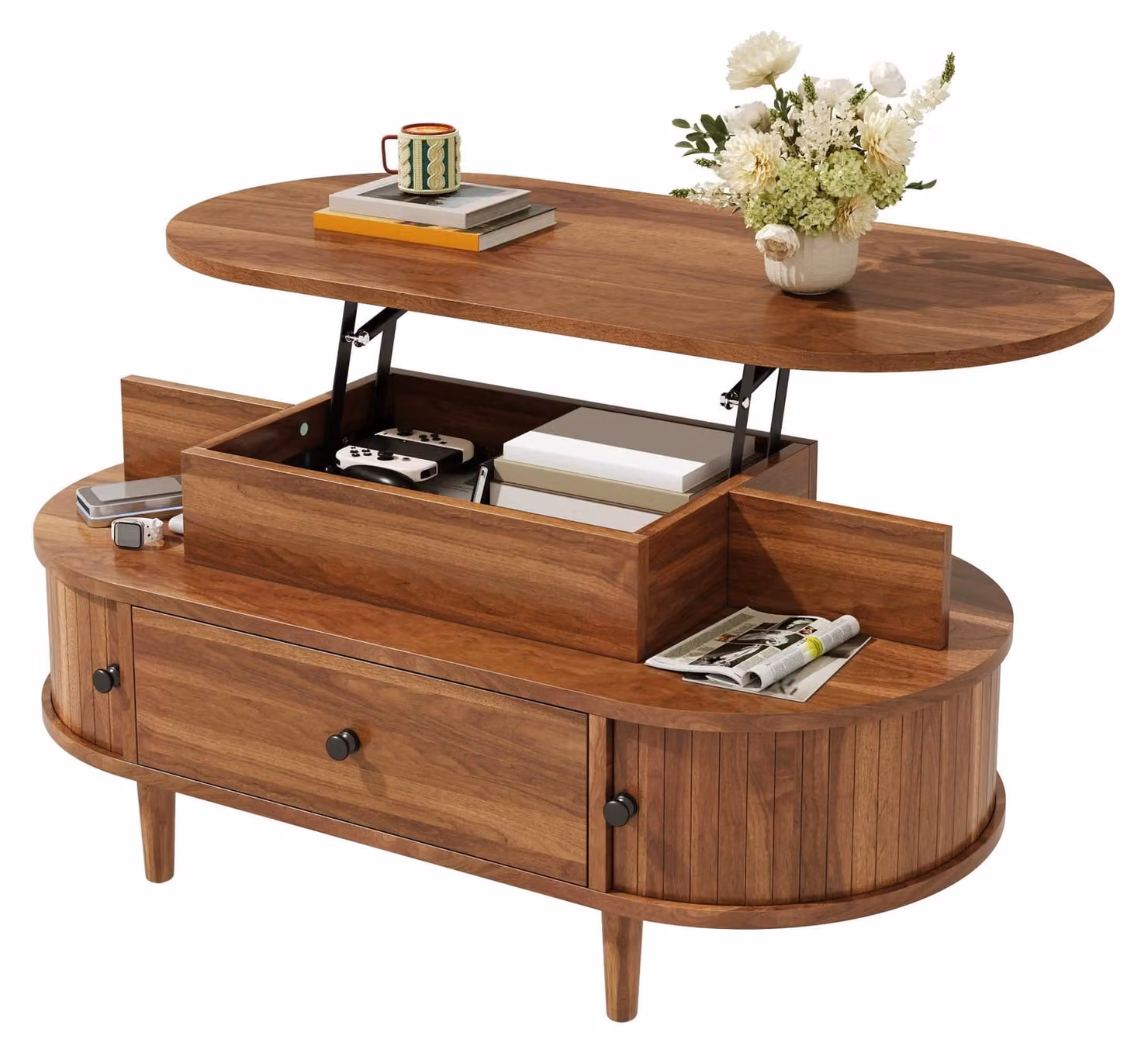 Tavolino ovale, con piano sollevabile, realizzato in MDF, dotato di sistema di sollevamento idraulico, vano contenitivo nascosto, 2 ripiani aperti, un cassetto e 2 ante scorrevoli