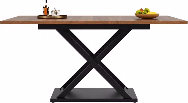 Tavolo da pranzo allungabile in MDF 120-160x80 cm con gambe incrociate in ferro nero, colore noce
