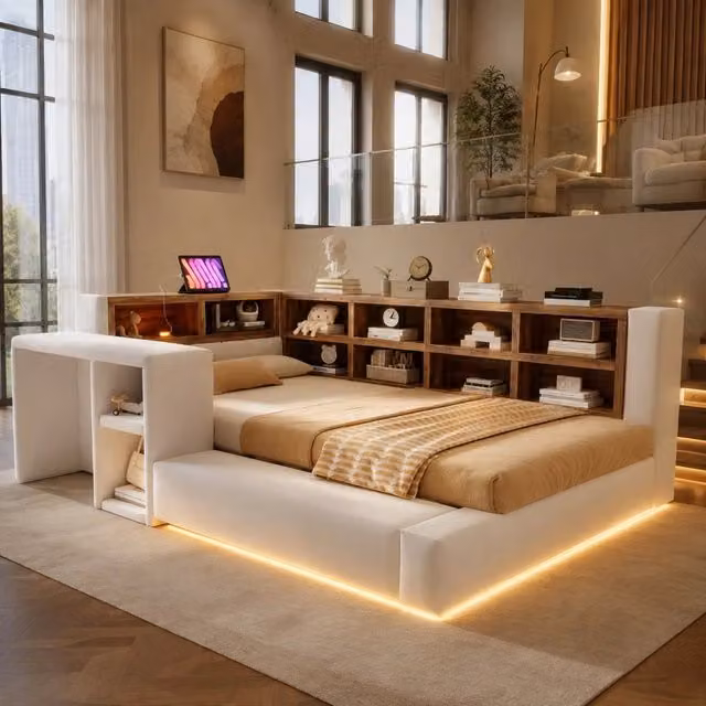 Letto imbottito 90x200 cm con contenitore; LED; prese integrate e comodino laterale; beige