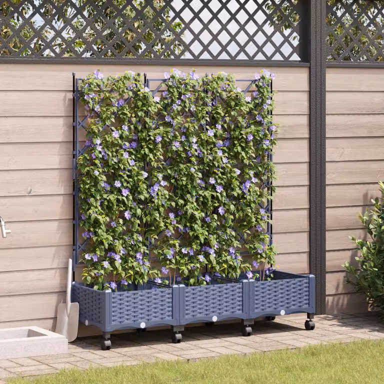 Set di 3 vasi da giardino con grigliato e ruote vidaXL in plastica grigia