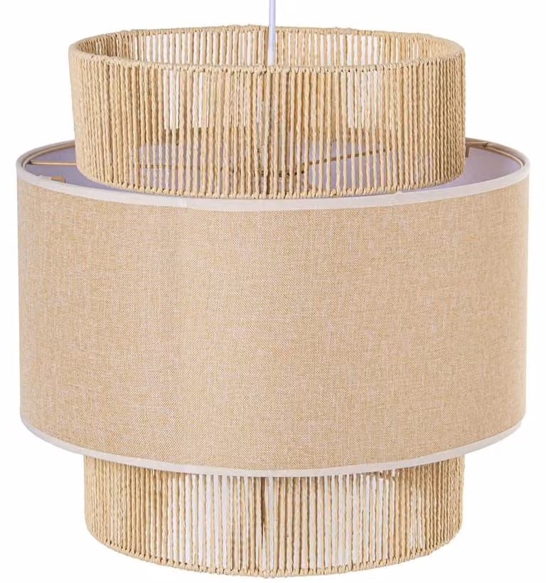 Lampada a sospensione in metallo, corda e lino, dimensioni 40x40x38 cm, colori naturali