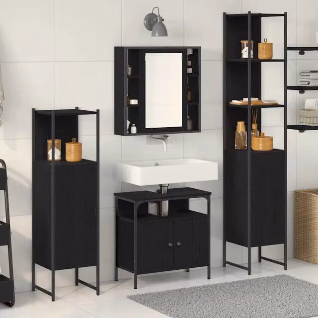 Set di mobili per il bagno 4 pz Rovere Nero 33 x 33 x 185,5 cm 3334431