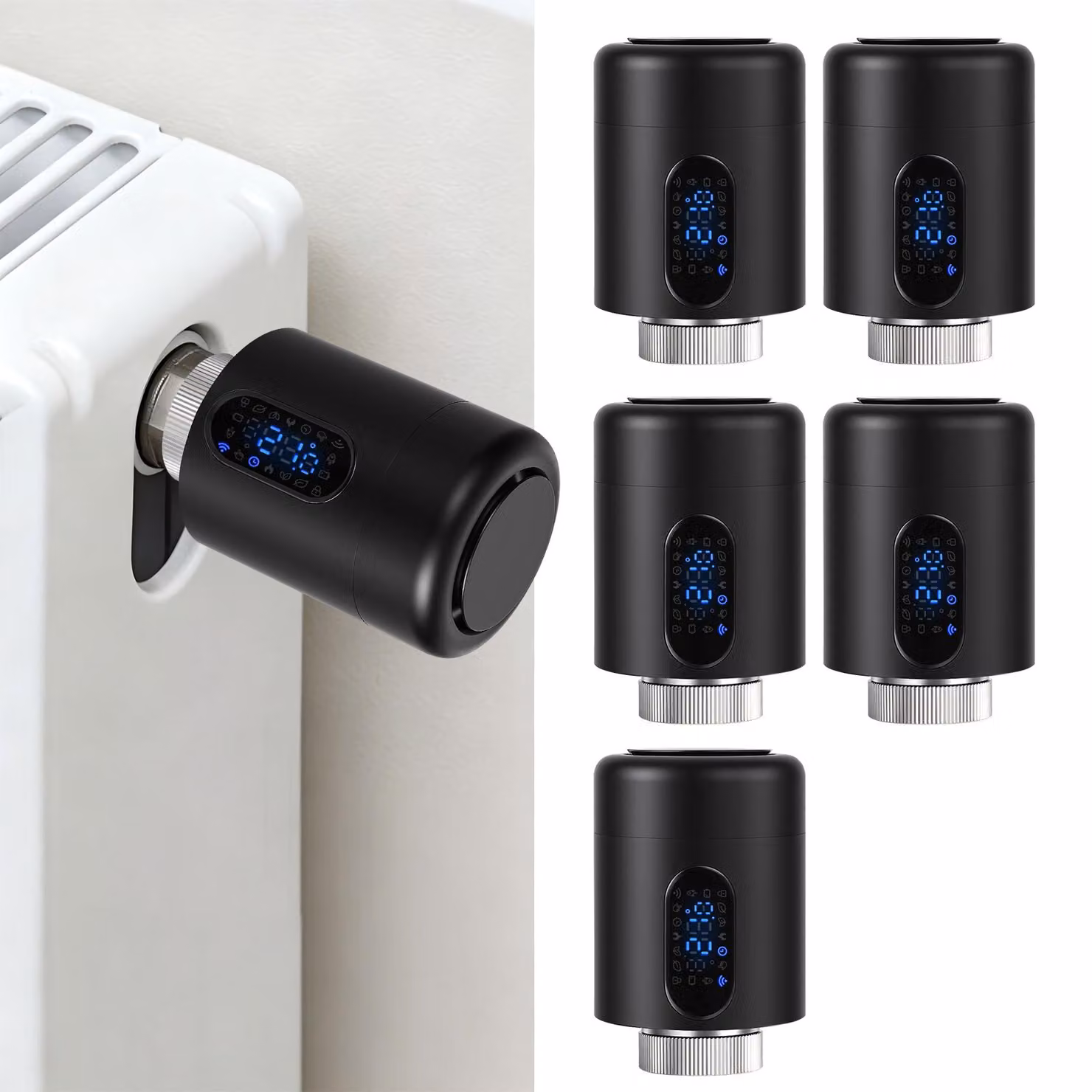 Set di 5 termostati radiatori intelligenti Ikodm, colore nero, con connessione Wi-Fi, controllo tramite app senza necessità di gateway, con 7 adattatori per ogni termostato