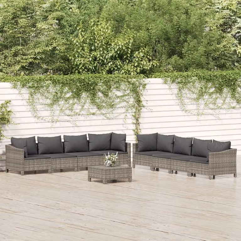 The Living Store Set da 9 pezzi per salotto da giardino con cuscini in poly rattan grigio