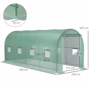 Serra da giardino WISHDOR in film plastico con struttura in acciaio verde e finestre, L/P/H: 500 x 200 x 205 cm – 2
