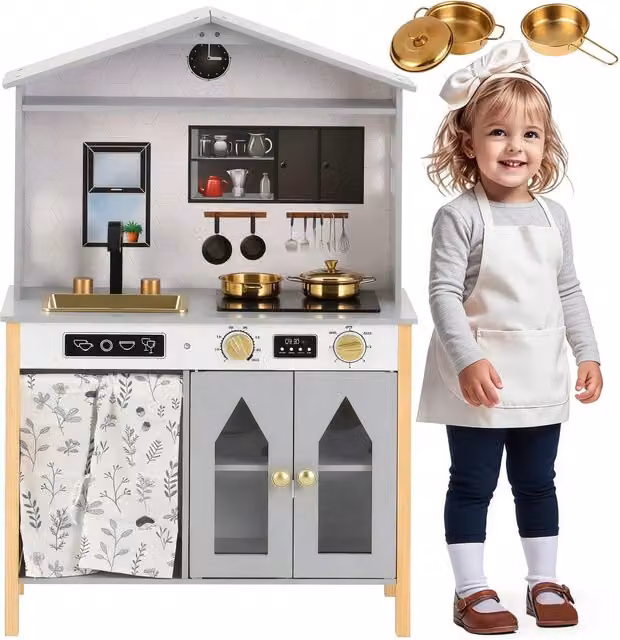 Cucina giocattolo per bambini con design creativo a forma di casa, accessori inclusi, in legno e plastica, colore grigio, L/P/H: 92 x 60 x 36 cm
