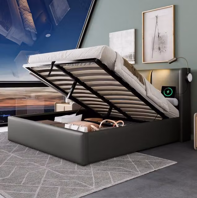 Letto matrimoniale 180x200 cm con contenitore; luce da lettura e porte USB; grigio